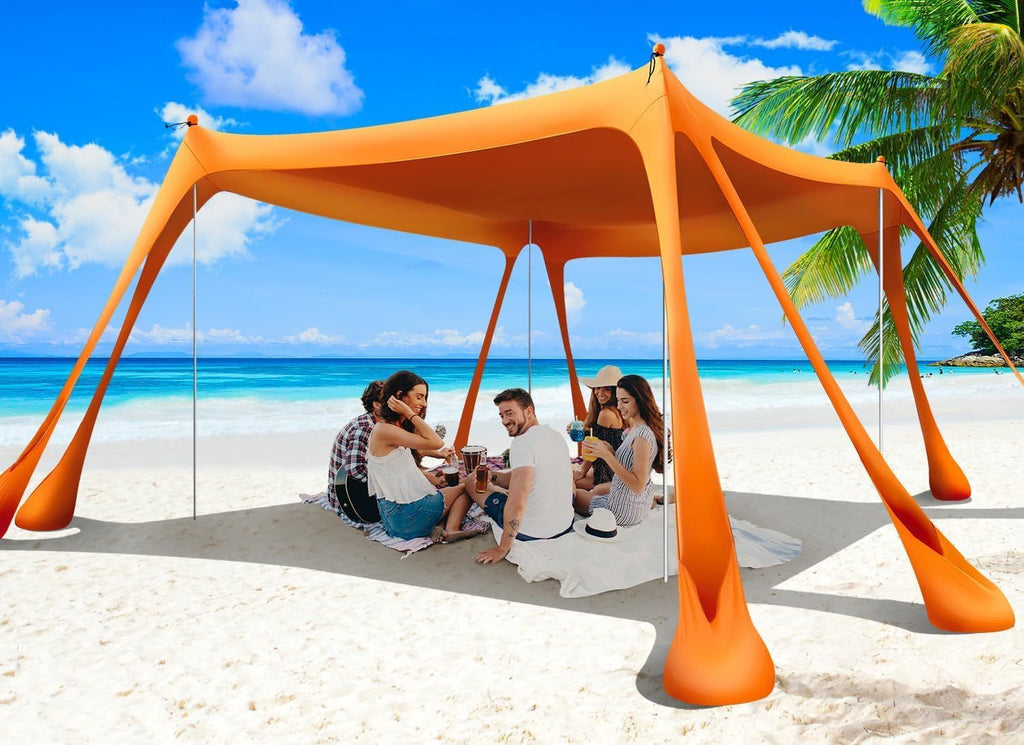 Beach Tent Sun Shelter 10x10ft Beach Canopy Easy Pop Up Sun Shade Portable UPF50+ with 8 Sandbags-2 Sand Shovel-4 Aluminum Poles-Ground Pegs for Outdoor Family Camping Fishing Backyard Picnic