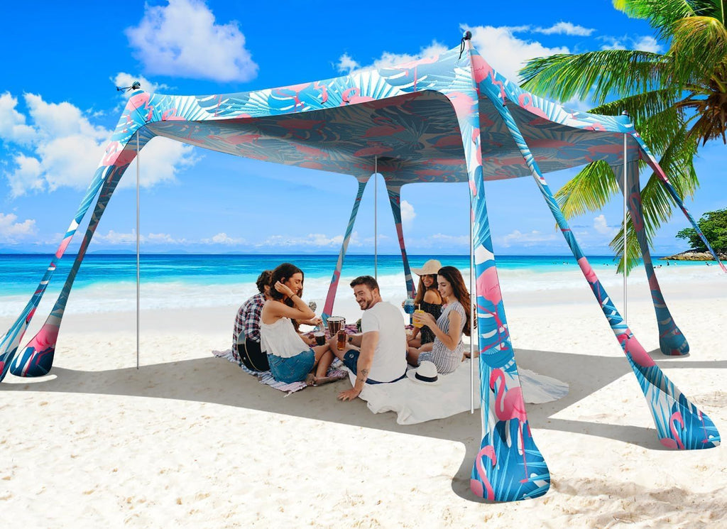Beach Tent Sun Shelter 10x10ft Beach Canopy Easy Pop Up Sun Shade Portable UPF50+ with 8 Sandbags-2 Sand Shovel-4 Aluminum Poles-Ground Pegs for Outdoor Family Camping Fishing Backyard Picnic