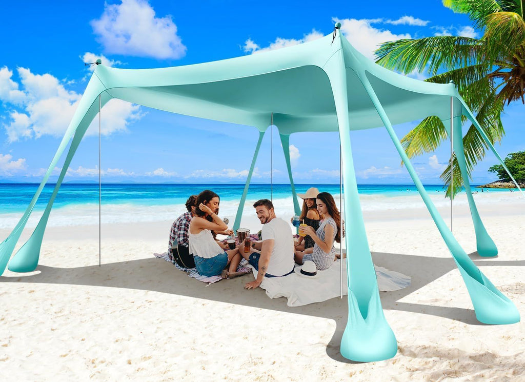 Beach Tent Sun Shelter 10x10ft Beach Canopy Easy Pop Up Sun Shade Portable UPF50+ with 8 Sandbags-2 Sand Shovel-4 Aluminum Poles-Ground Pegs for Outdoor Family Camping Fishing Backyard Picnic