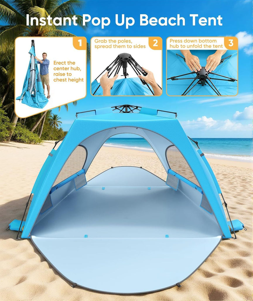Beach Tent Sun Shelter for 5-6 Person, Pop Up Beach Canopy, UPF 30+ UV Protection, Breathable Mesh Window, Portable Sun Shade Tent with Carrying Bag for Sands & Outdoor
