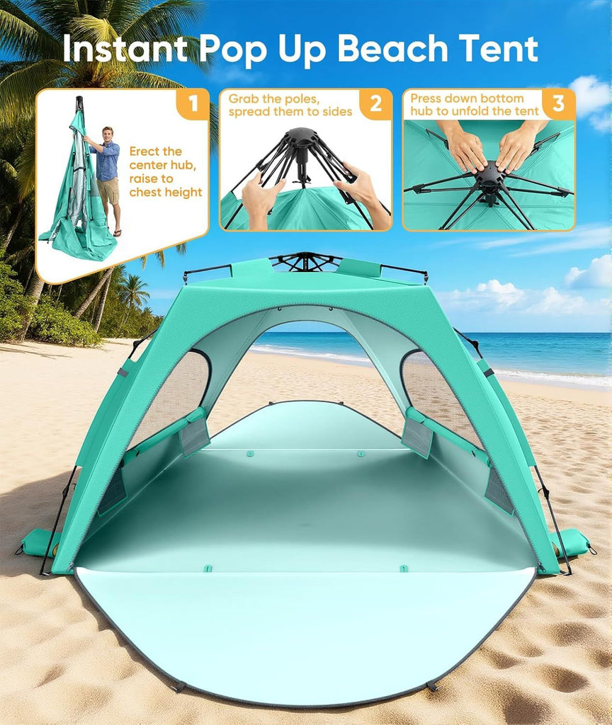 Beach Tent Sun Shelter for 5-6 Person, Pop Up Beach Canopy, UPF 30+ UV Protection, Breathable Mesh Window, Portable Sun Shade Tent with Carrying Bag for Sands & Outdoor