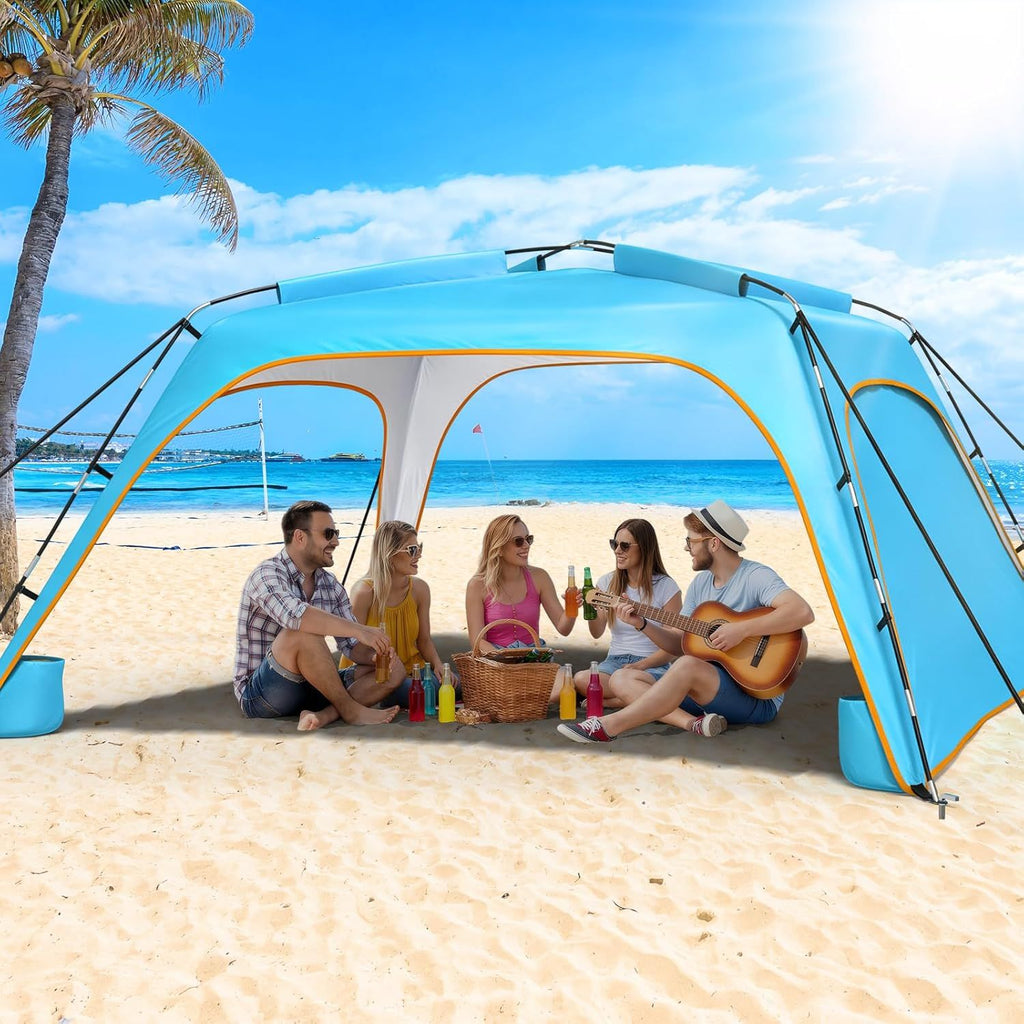 Beach Tent Sun Shelter UPF 50+,10x10 FT Beach Canopy Tent Sun Shade,Pop Up Beach Canopy with 8 Sandbags, Outdoor Beach Shade for Camping Trips, Fishing, Backyard Fun Picnics