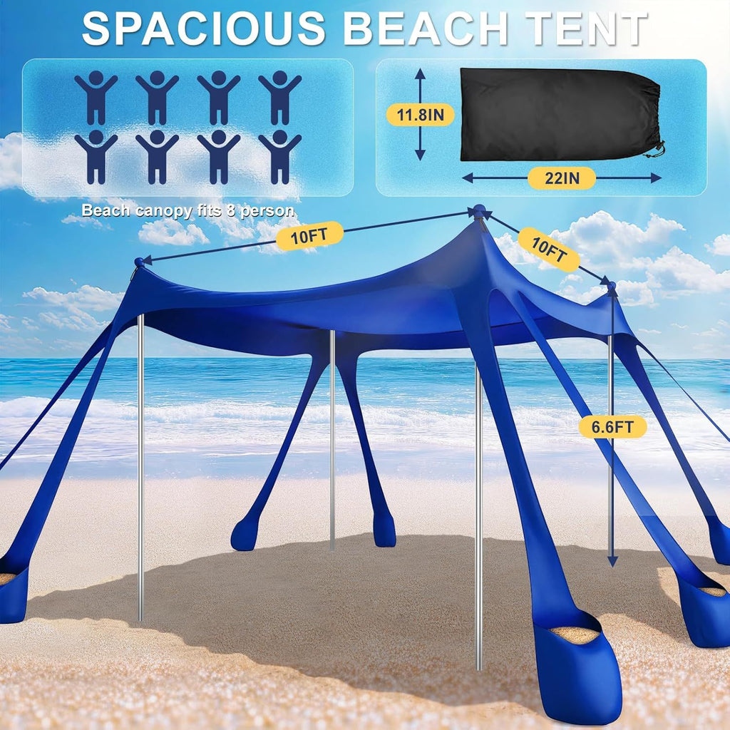 Beach Tent Sun Shelter UPF 50+,10x10 FT Beach Canopy Tent Sun Shade,Pop Up Beach Canopy with 8 Sandbags, Outdoor Beach Shade for Camping Trips, Fishing, Backyard Fun Picnics