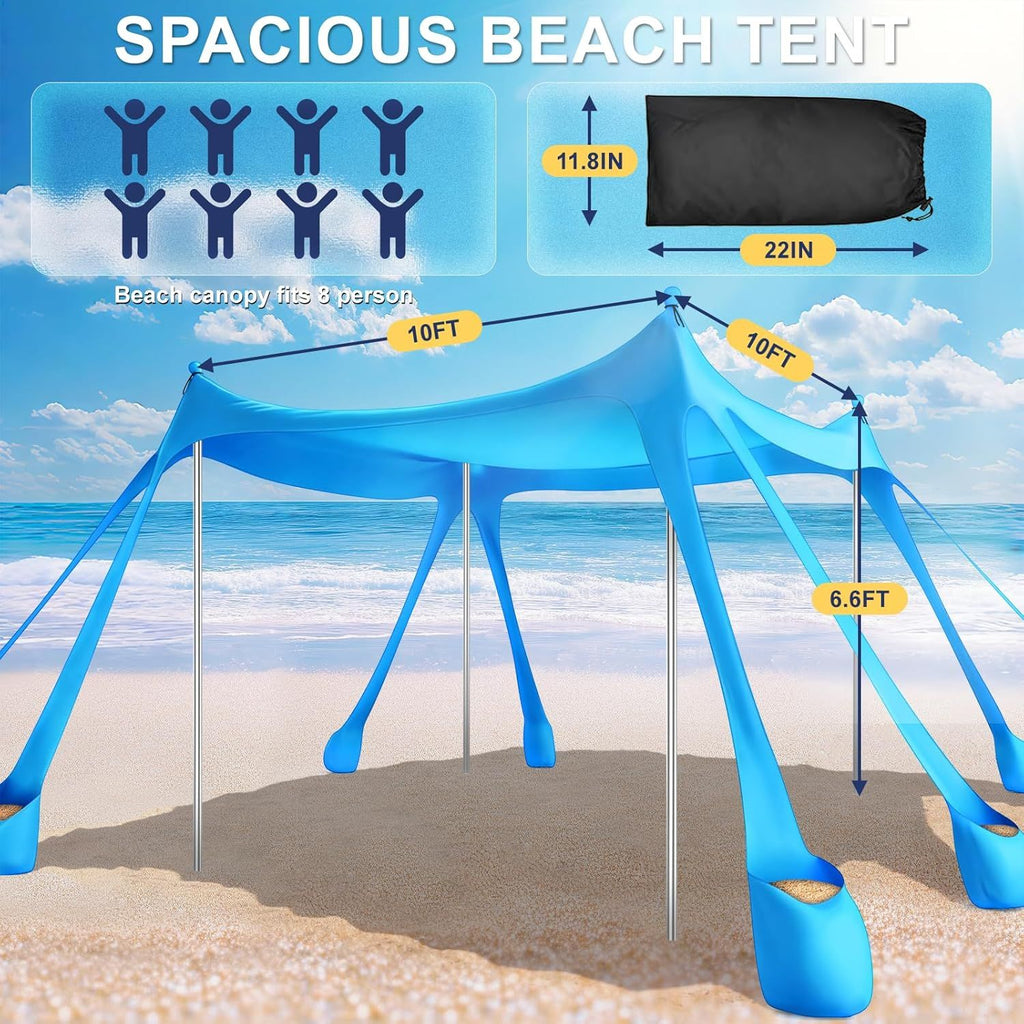 Beach Tent Sun Shelter UPF 50+,10x10 FT Beach Canopy Tent Sun Shade,Pop Up Beach Canopy with 8 Sandbags, Outdoor Beach Shade for Camping Trips, Fishing, Backyard Fun Picnics
