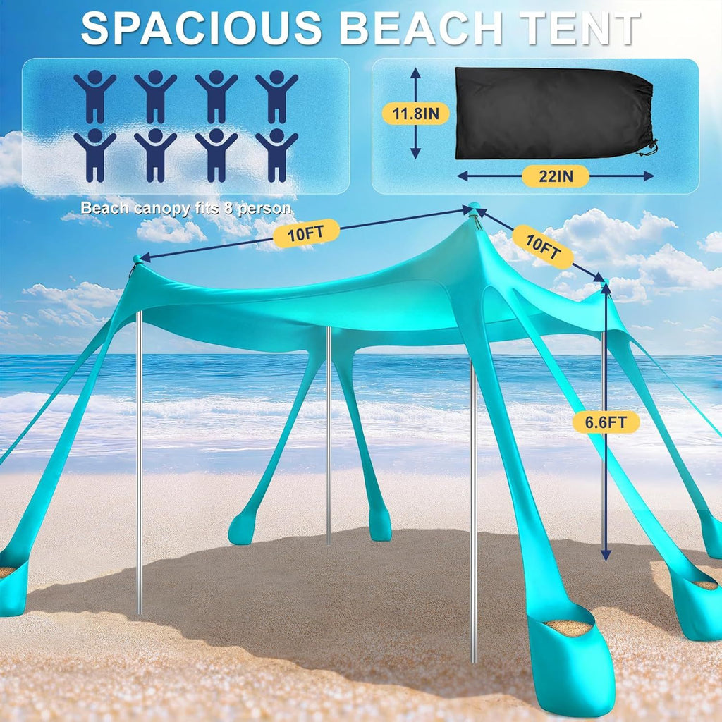 Beach Tent Sun Shelter UPF 50+,10x10 FT Beach Canopy Tent Sun Shade,Pop Up Beach Canopy with 8 Sandbags, Outdoor Beach Shade for Camping Trips, Fishing, Backyard Fun Picnics
