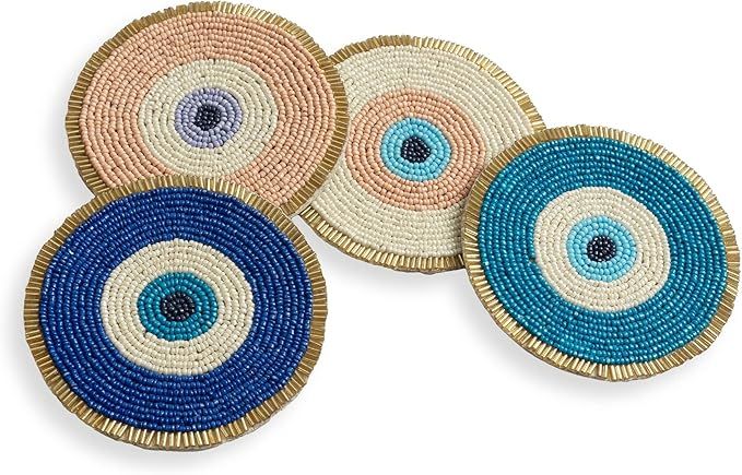 Beaded Coasters for Drinks | Set of 4 (4") Round Decorative Bar Coasters for Table Décorations | Cute Boho Coaster Set for Cocktail | Modern Coaster for Coffee Table | Evil Eye Gifts|