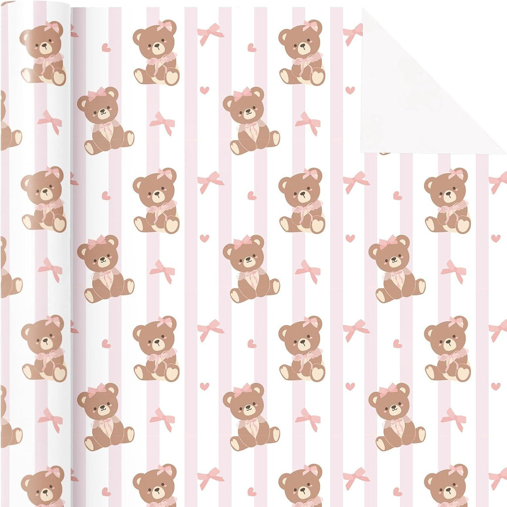 Bear Baby Shower Wrapping Paper Roll - Mini Roll - 17 Inch x 16.5 Feet - Bow Teddy Bear Baby Girl Wrapping Paper, Perfect for Kids Girl Birthday, Newborn Gift Wrap