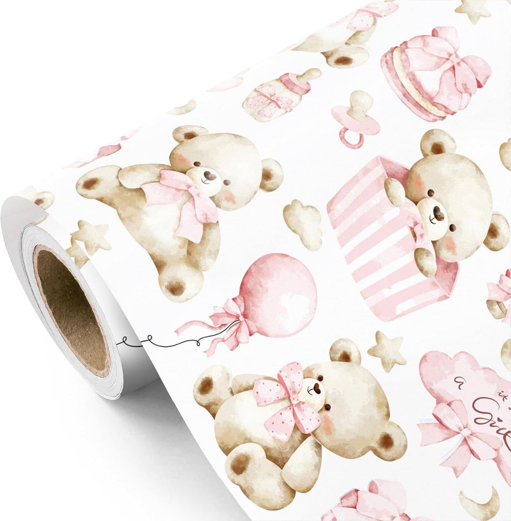 Bear Baby Shower Wrapping Paper Roll - Mini Roll - 17 Inch x 16.5 Feet - Teddy Bear Baby Girl Wrapping Paper, Perfect for Kids Girl Birthday, Newborn Gift Wrap