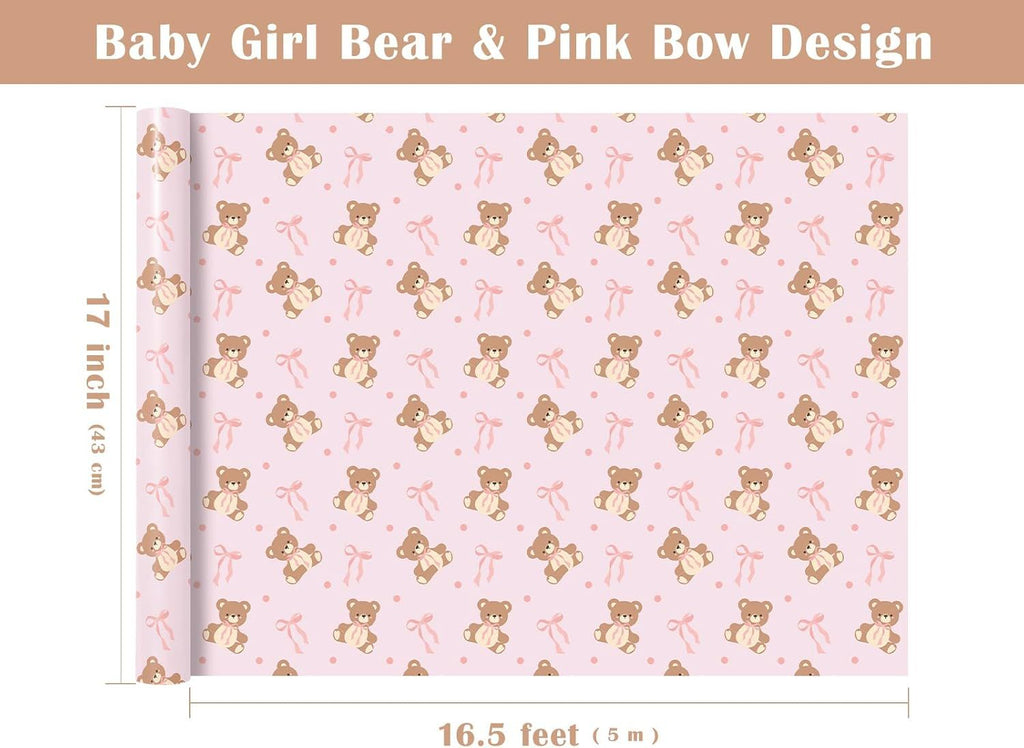 Bear Baby Shower Wrapping Paper Roll - Mini Roll - 17 Inch x 16.5 Feet - Teddy Bear Pink Bow Baby Girl Wrapping Paper, Perfect for Kids Girl Birthday, Newborn Gift Wrap