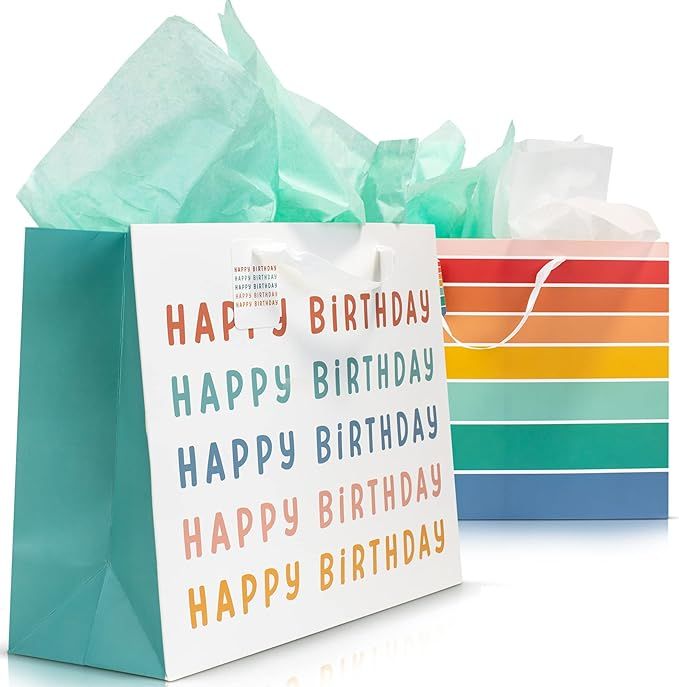 Beautiful Birthday Gift Bags Set of 2 - Large 16" Bags with Handles incl. Matching Tissue Paper, Cards & Stickers - Reusable and Perfect For Kids Presens
