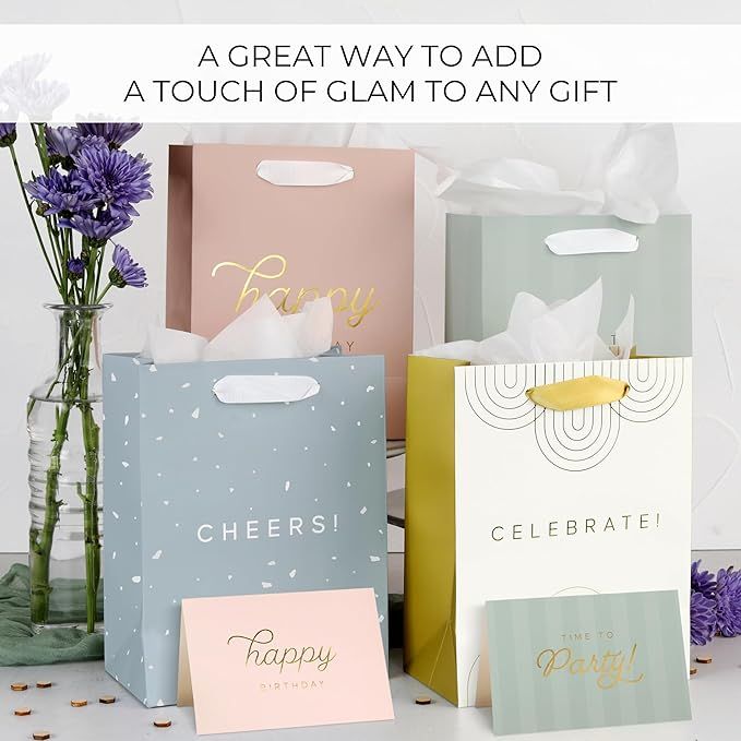 Beautiful Birthday Gift Bags Set of 4 - Medium Sized 9" Gift Bags with Handles incl. Matching Tissue Paper, Cards & Stickers - Reusable & For Presents of Any Weddings, Mothers Day or Other Occasion