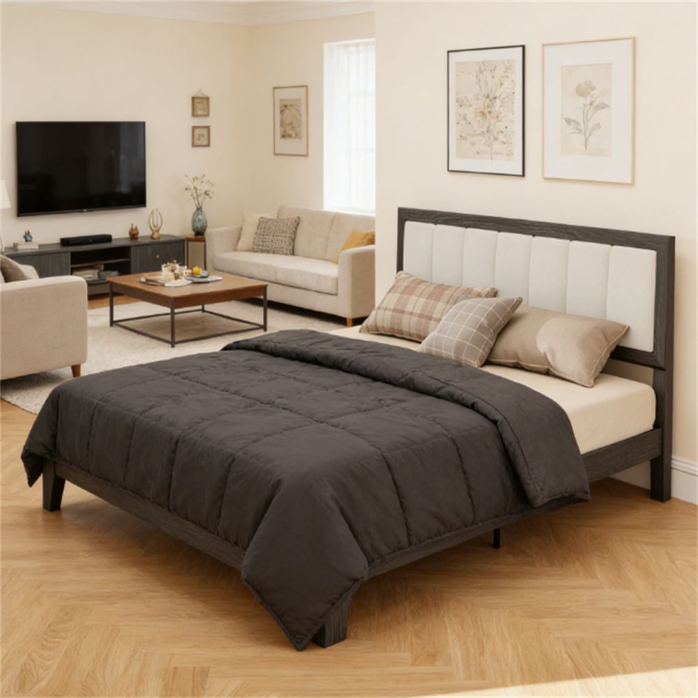 Bed frame with headboard, platform bed frame, charcoal gray