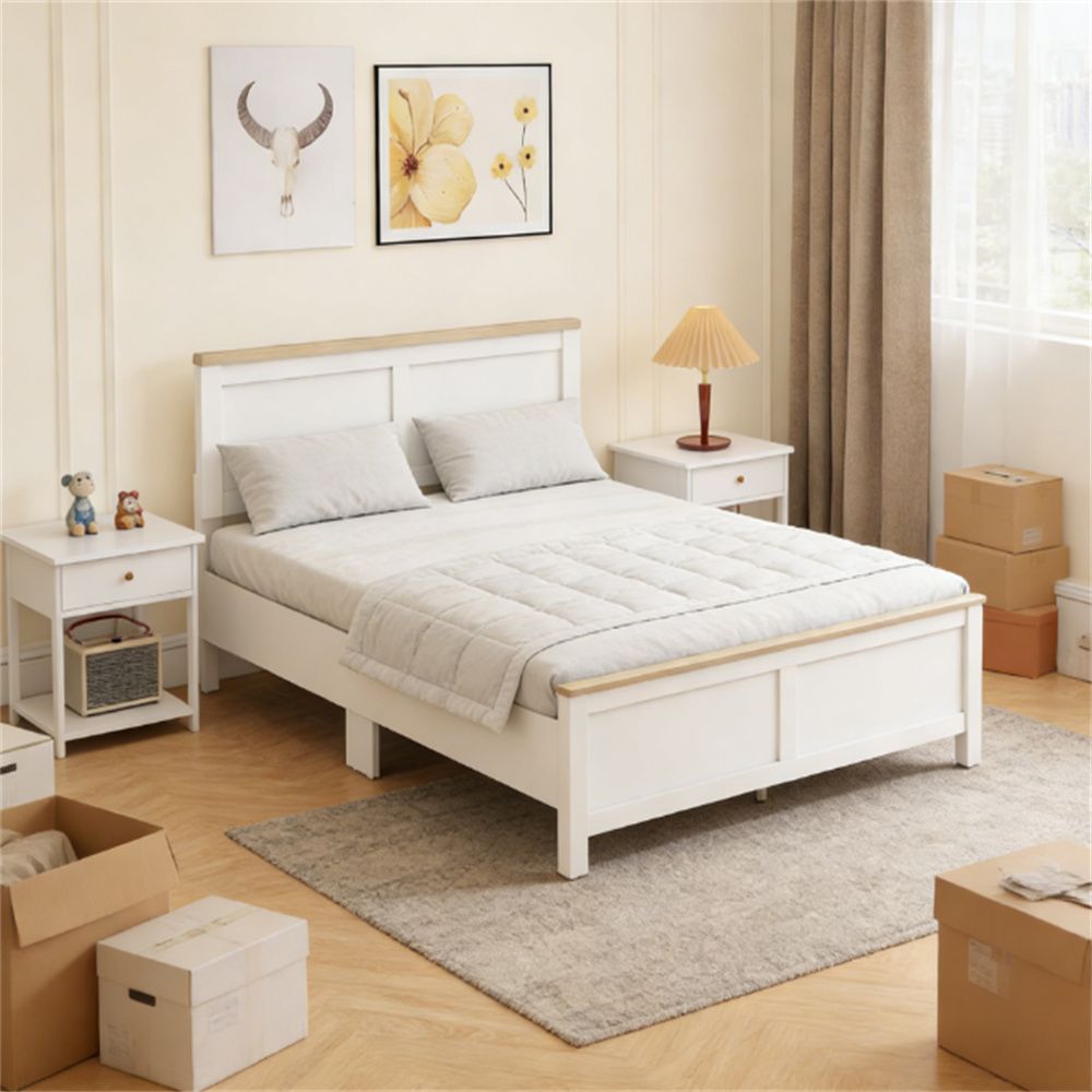 Bed frame with headboard, platform bed frame, easy to assemble, white