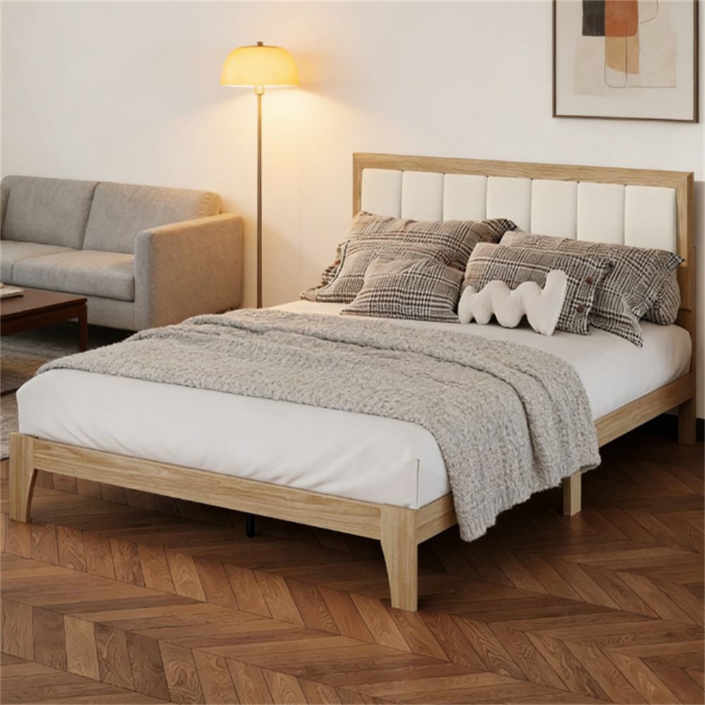 Bed frame with headboard, platform bed frame, natural