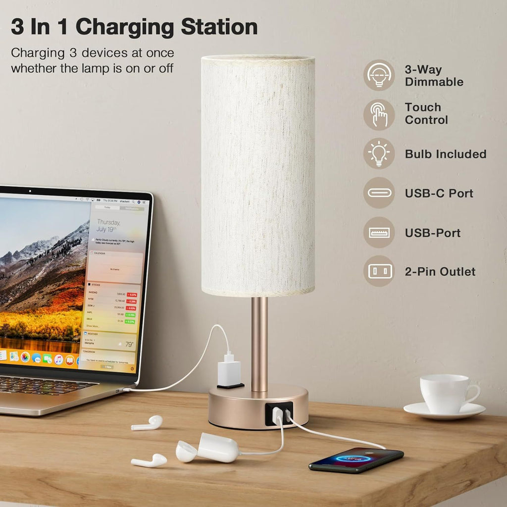 Bedside Table Lamp for Bedroom - 3 Way Dimmable Touch Lamp USB C Charging Ports and AC Outlet, Small Lamp Gold Base Round Flaxen Fabric Shade for Living Room, Desk, LED Bulb Included