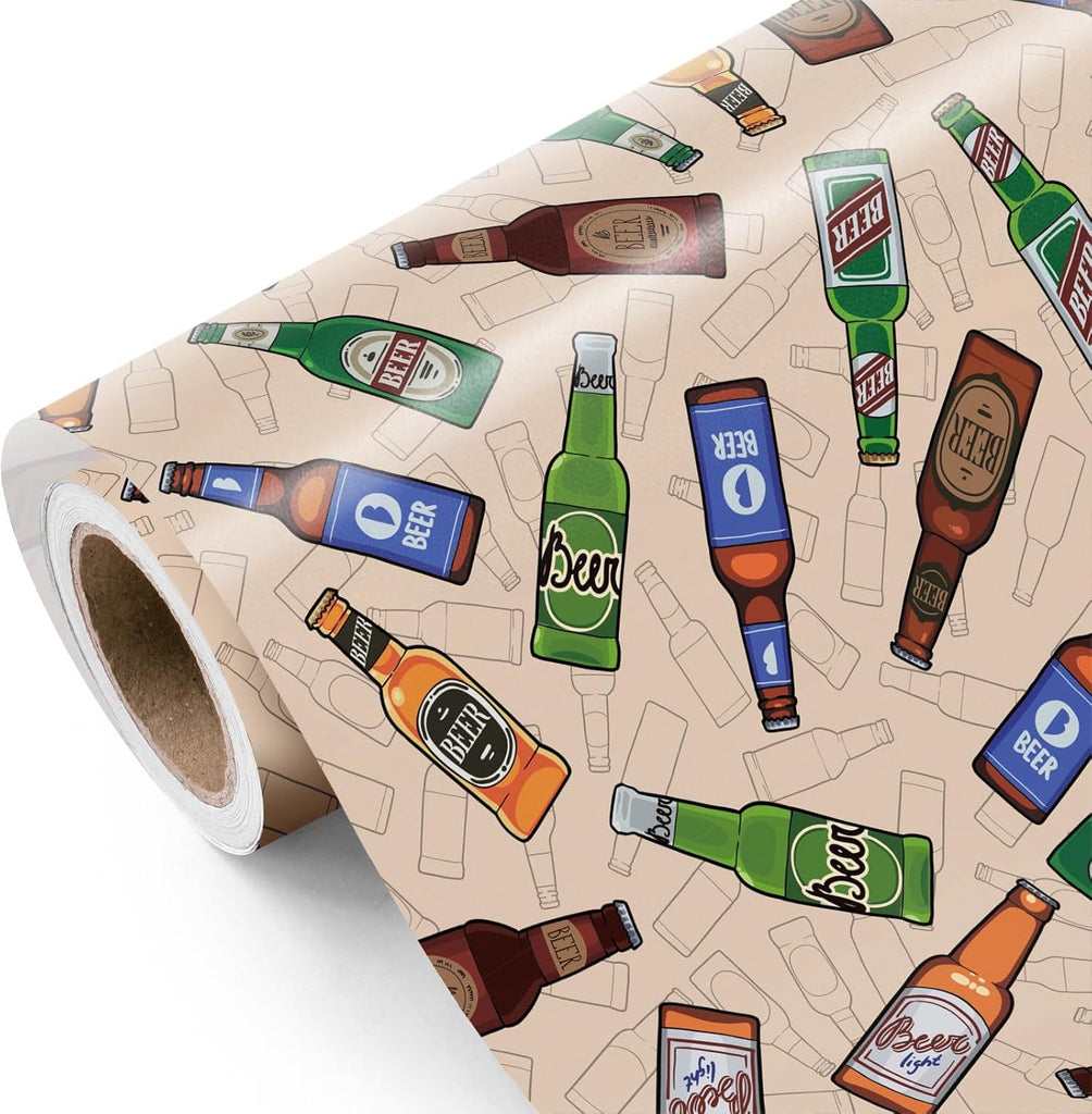 Beer Wrapping Paper Roll - Mini Roll - 17 Inch x 16.5 Feet - Beer Bottles Wrapping Paper, Perfect for Men Birthday, Beer Party, Father's Day