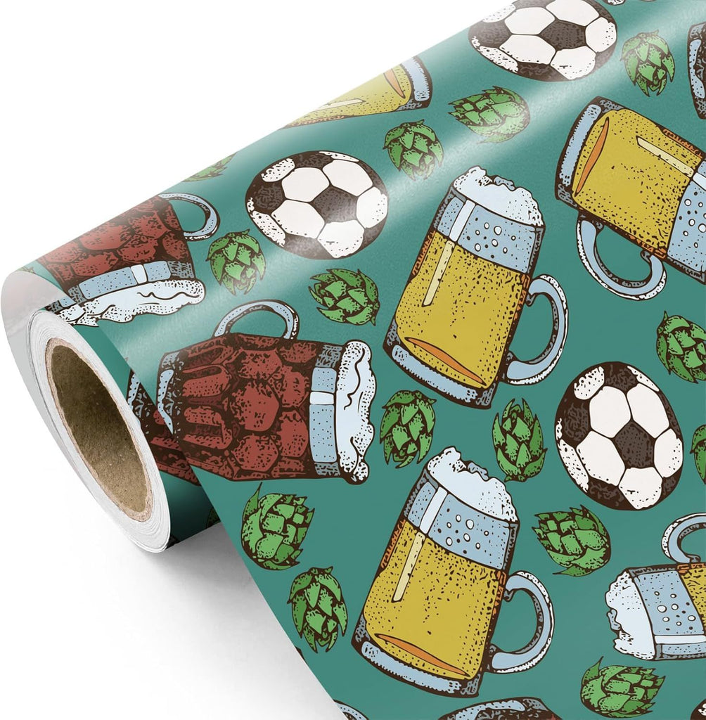 Beer Wrapping Paper Roll - Mini Roll - 17 Inch x 16.5 Feet - Beer Glass Mug and Football Wrapping Paper, Perfect for Men Birthday, Beer Party, Father's Day