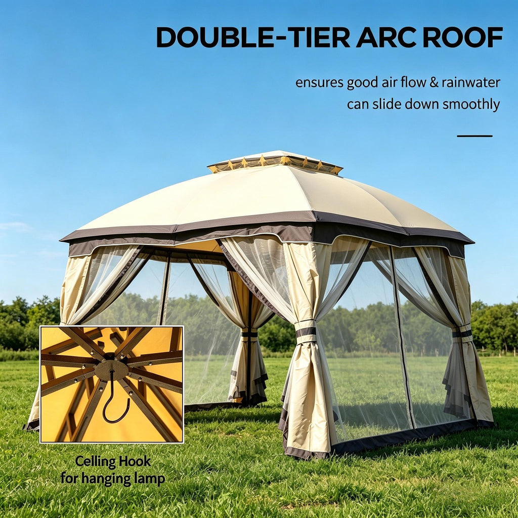 Beige 10' X 12' Outdoor Gazebo Canopy Shelter Double Vented Roof Zippered Mesh Sidewalls Solid Steel Frame