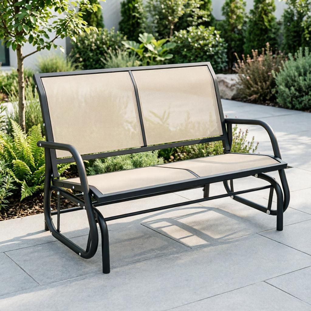 Beige 2-Person Outdoor Glider Bench Patio Double Swing Rocking Chair with Coated Steel Frame for Backyard Garden Porch