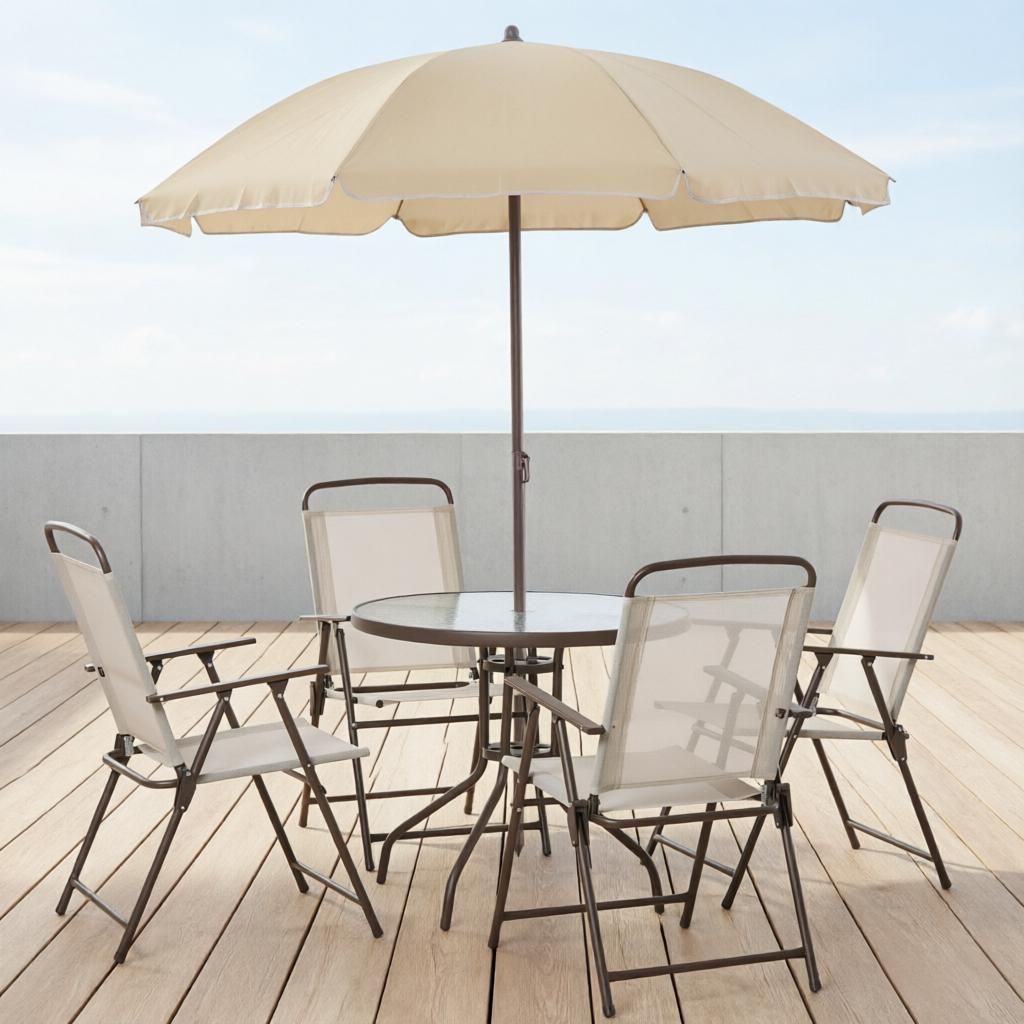 Beige 6 Piece Patio Dining Set for 4 with Umbrella Outdoor round Glass Table And 4 Folding Chairs Garden Backyard Poolside Furniture