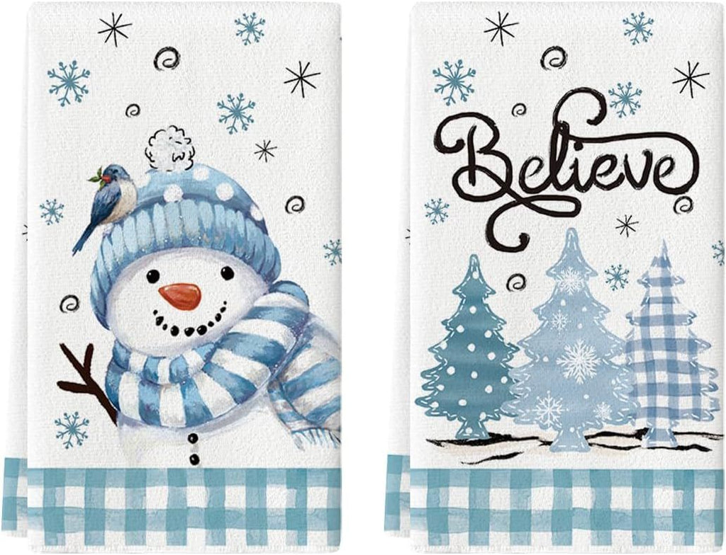 Beige Blue Xmas Tree Snowman Christmas Kitchen Towels Dish Towels, 18x26 Inch Holiday Bird Believe Winter Decoration Hand Towels Set of 2
