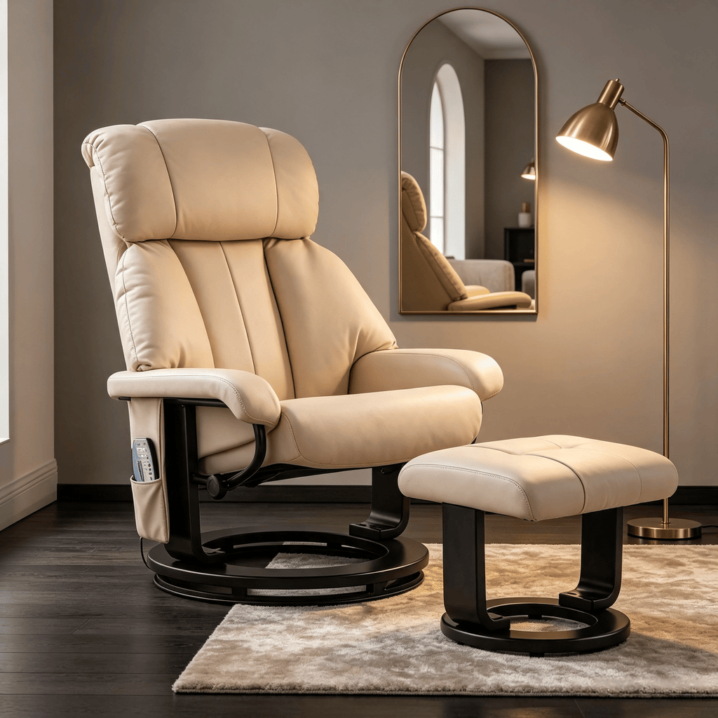 Beige Massage Recliner Chair with Ottoman 360° Swivel Recliner And Footstool 10-Point Vibration for Home Comfort