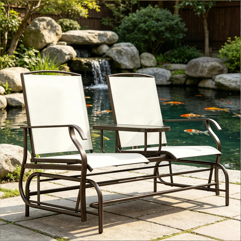 Beige Outdoor Glider Bench with Center Table Metal Frame Patio Loveseat Breathable Mesh Fabric Armrests for Backyard Garden Porch