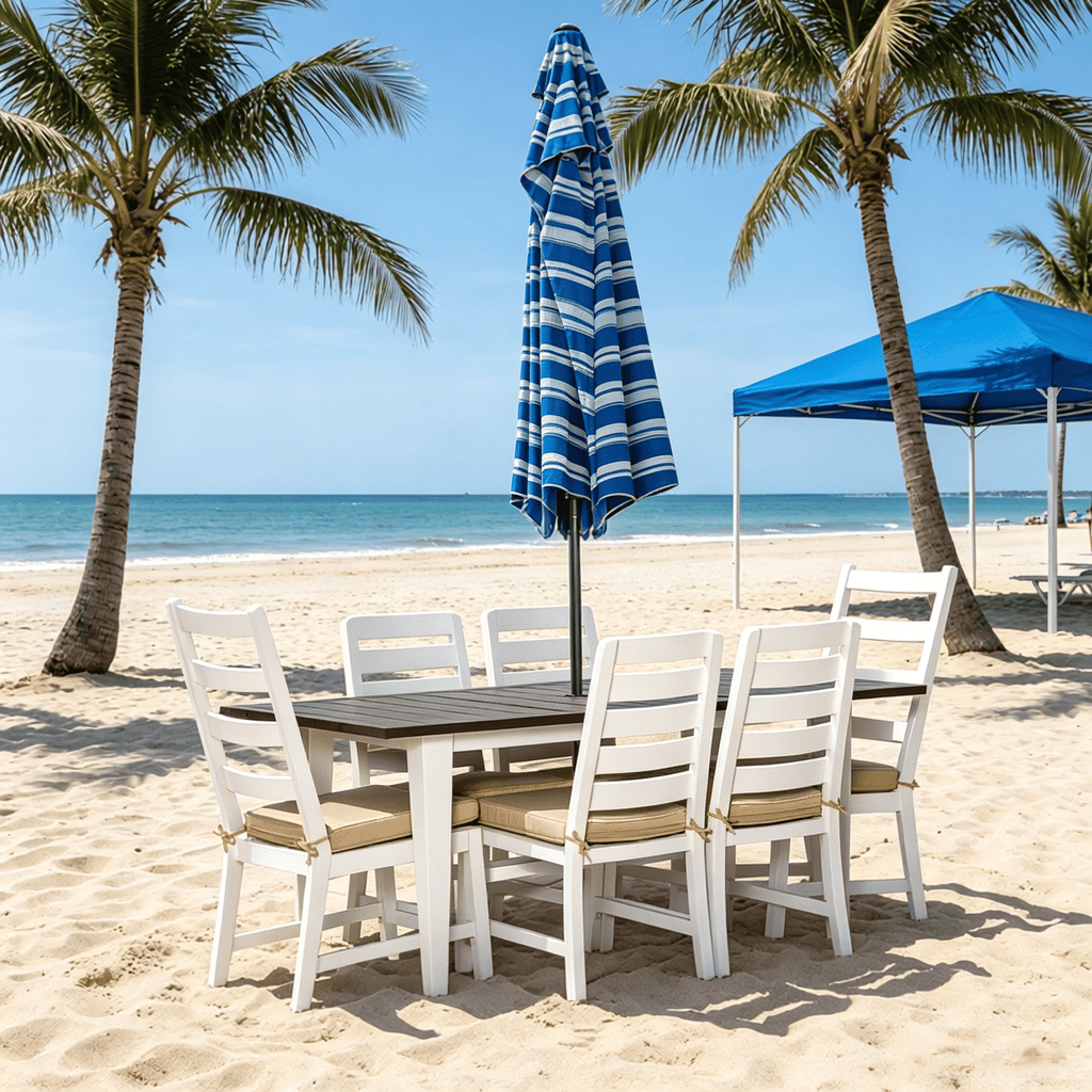 Beige Outdoor Patio Dining Set for 6 with Table And Chairs Outdoor Furniture Set with Cushions Umbrella Hole for Garden Backyard Poolside
