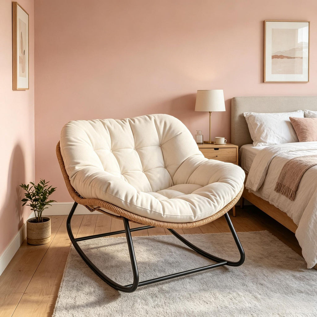Beige Oversized Outdoor Indoor Papasan Rocking Chair Egg Chair with Cushion for Garden Patio Comfortable Rocking Chair