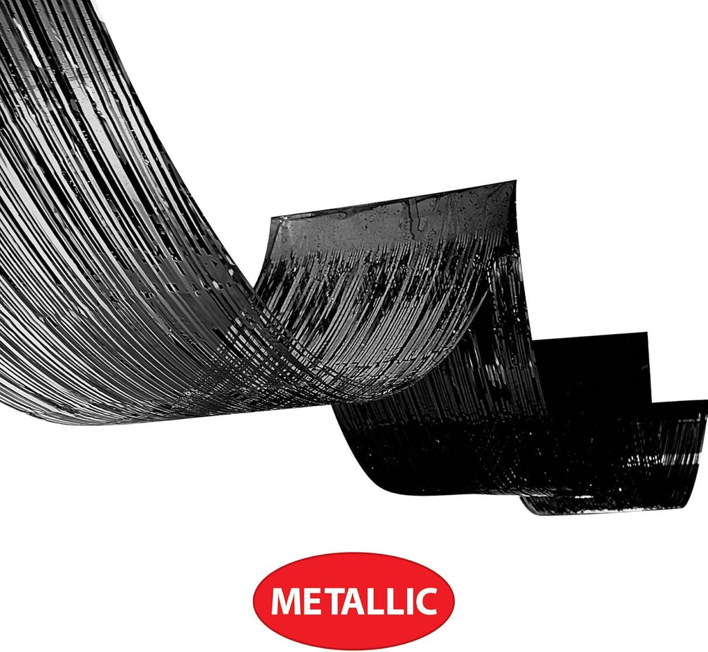 Beistle Black Metallic Fringe Ceiling Curtains – 2-Pack Extra-Long Shiny Tinsel Streamer Decorations with Tape for Halloween, New Year's Eve, Birthday Parties, and Event Backdrops, 19½" x 16'