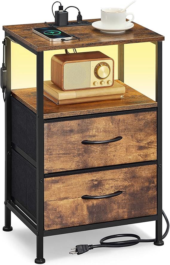 BELLAH Collection - Nightstand with Charging Station and App-Controlled Adjustable LED Lights, Bed Side Table, 2 Drawers and 1 Open Shelf, Bedroom, Rustic Brown and Ink Black
