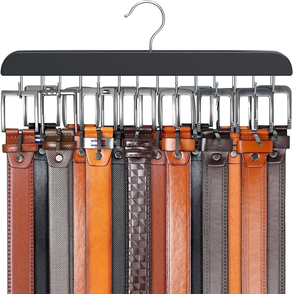 Belt Hanger for Closet Max 42 Belts, Sturdy Wood Belt Rack Closet Accessories with 14 Hooks Belt Organizer for Closet Organizers and Storage -Black 1 Pack