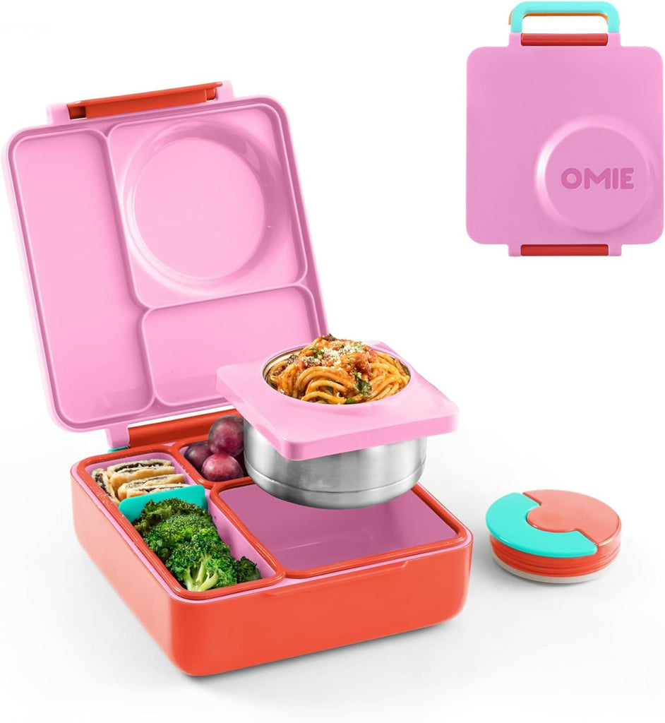 Bento Box for Kids - Insulated Bento Lunch Box with Leak Proof Vacuum Insulated Food Jar - 3 Compartments, Two Temperature Zones (Pink Berry)