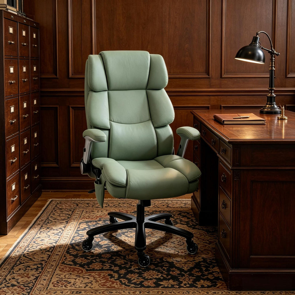 Big And Tall Office Chair Light Green Pet-Friendly Fabric Desk Chair with Flip-Up Armrests And Airbag Lumbar Support