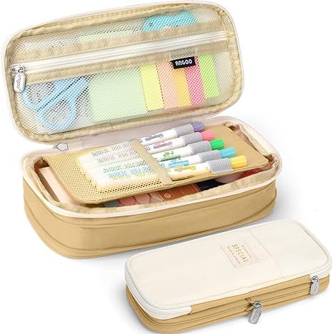 Big Capacity Pencil Pen Case Bag with Zipper Office College School Storage Large Capacity Bag Pouch Holder Box Organizer Colorful (Khaki)