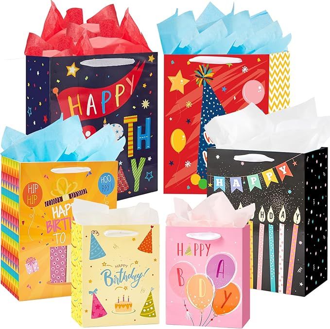 Birthday Gift Bags Assorted Size with Ribbon Handles and Tissue Paper (6 Bags: 2 Extra Large 15", 2 Large 13", 2 Medium 9") Birthday Wrap Bag for Kids, Boys, Girls