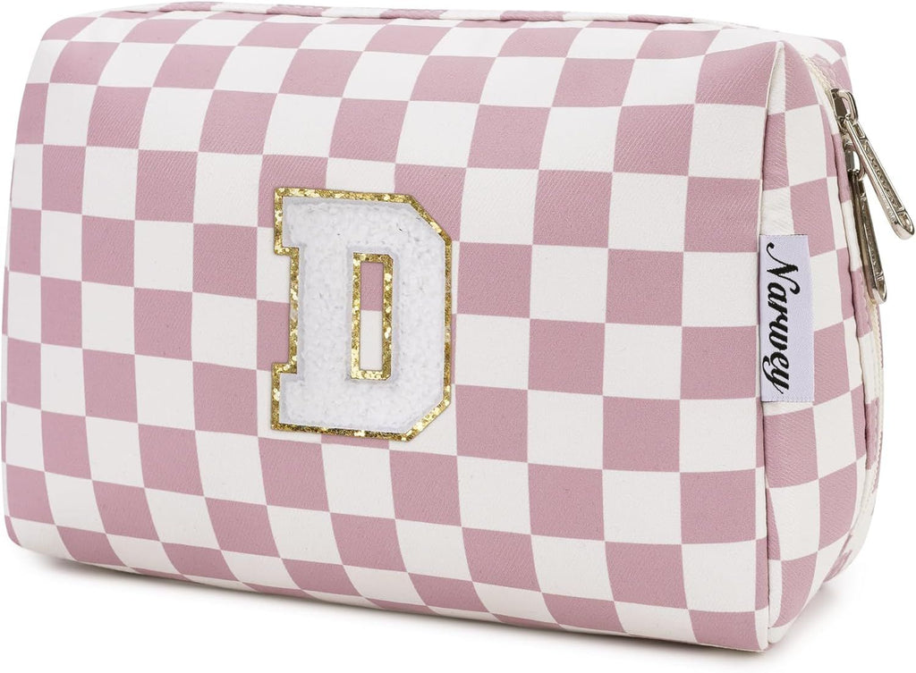 Birthday Gifts for Teen Girls Kids Women Personalized Initial Checkered Makeup Bag Pink Monogram Cosmetic Bag Trendy Stuff