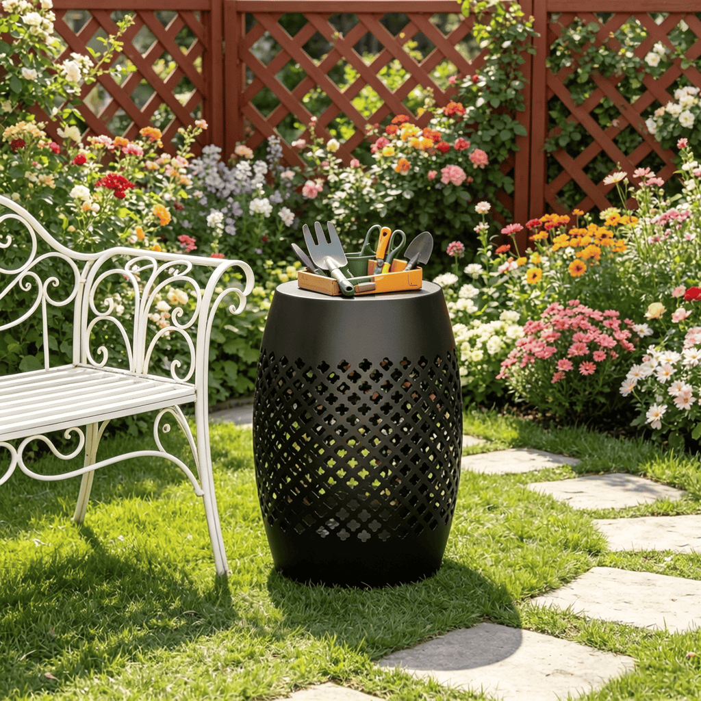 Black 12" Steel Outdoor Side Table round Hollow Drum Patio End Table Indoor Outdoor Accent Table