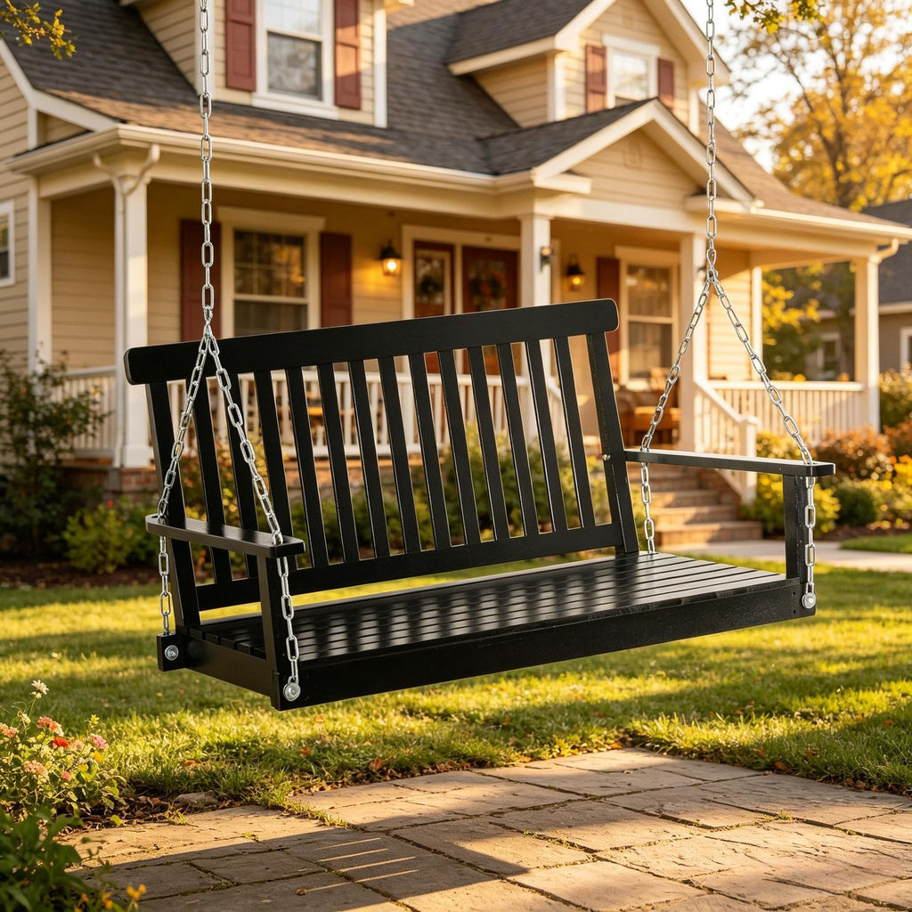 Black 2-Seater Outdoor Hanging Porch Swing Chair Seat with Slatted Build 440lbs Weight Capacity Patio Swing Chair with Chains