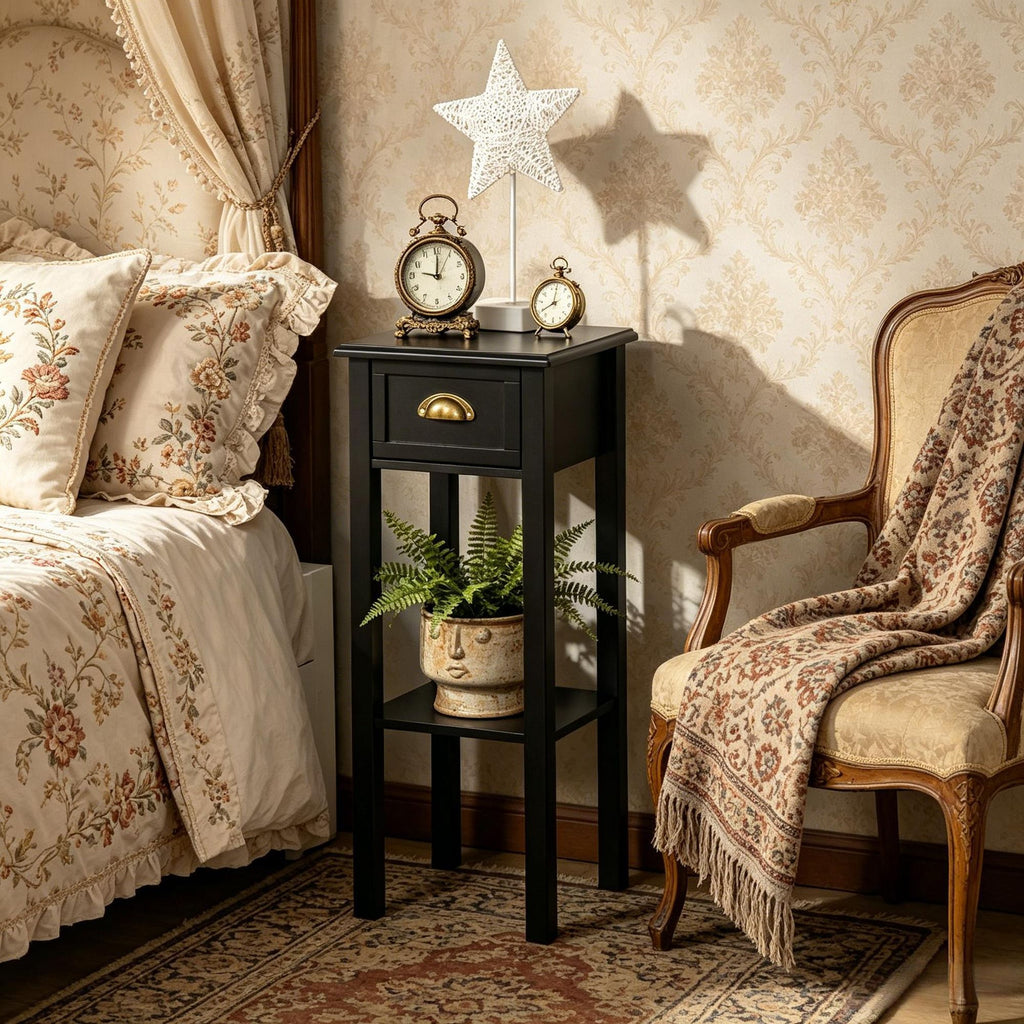 Black 2-Tier Side Table with Drawer And Shelf End Table for Living Room Hallway Organizer Decor