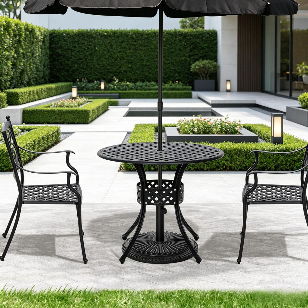 Black 33-inch round Cast Aluminum Patio Dining Table with Umbrella Hole for Outdoor Bistro Settings