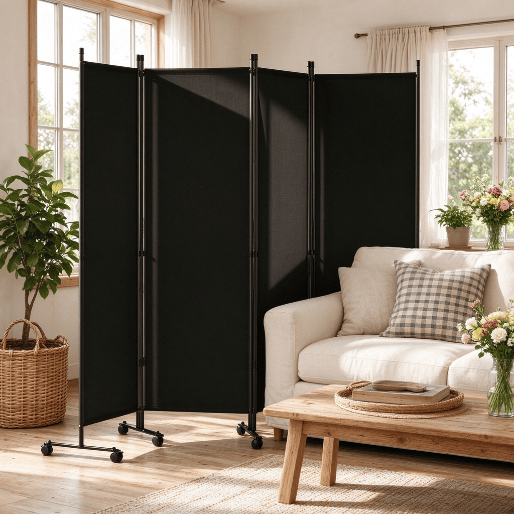 Black 4-Panel Room Divider Privacy Screen with Lockable Wheels for Living Room Decorative Room Partition with Handles