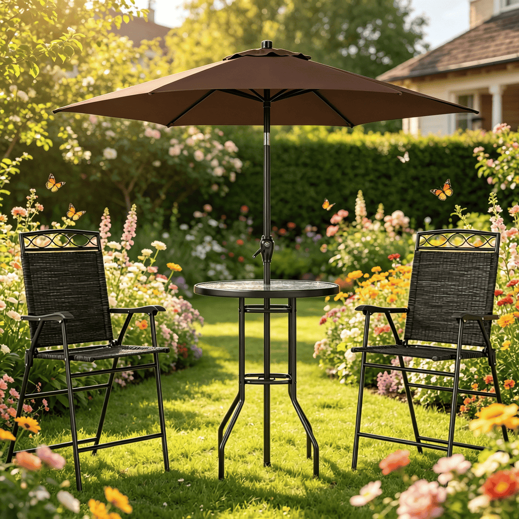 Black 4 Piece Outdoor Bar Set with Umbrella Wave Textured Tempered Glass Table Patio Dining Set with 2 Folding Chairs for Backyard Garden Deck Poolside