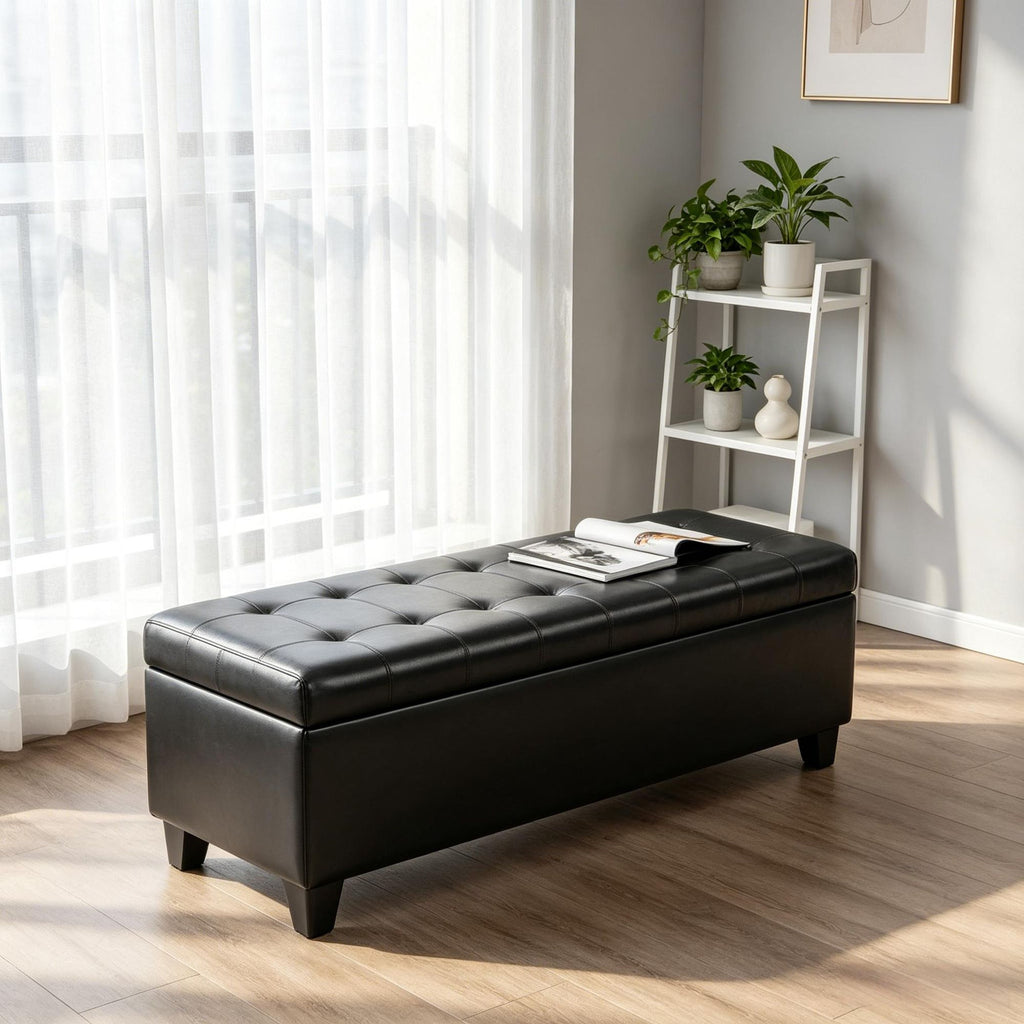 Black 51" Tufted Ottoman Storage Bench Faux Leather Lift Top Storage Chest for Living Room Entryway