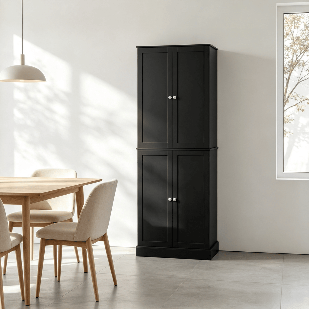 Black 65 Inch Kitchen Pantry Cabinet with 4 Doors And 16 Door Shelves for Dining Room Organization - Storage Cabinet