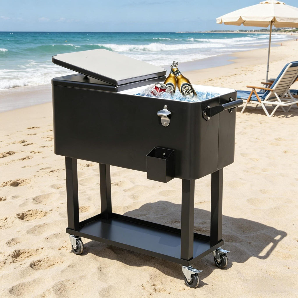 Black 80 QT Rolling Cooling Bin Ice Chest on Wheels Outdoor Stand up Drink Cooler Cart for Party