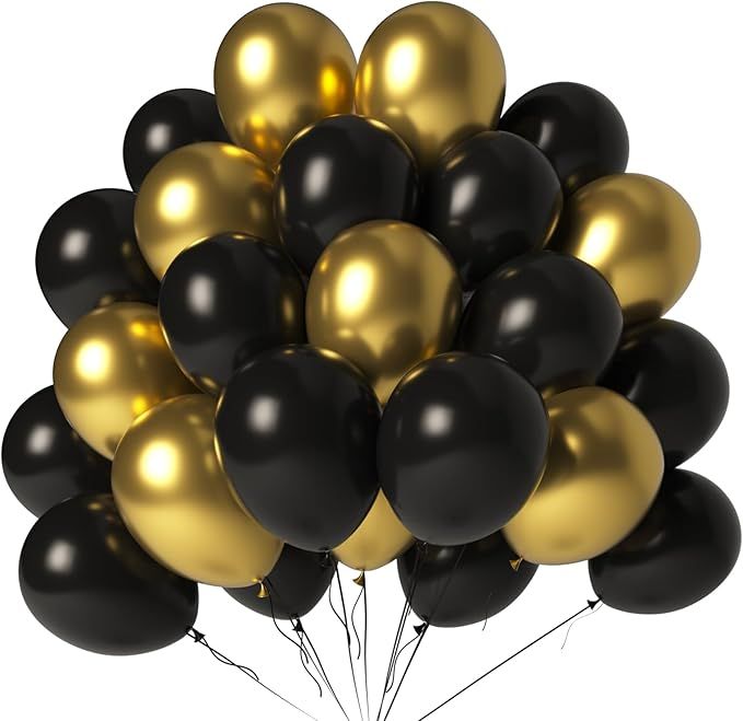 Black and Gold Balloons 100 Pack 12 Inch Metallic Chrome Black Gold Latex Helium Balloons for Birthday Wedding Christmas New Year Party Decorations