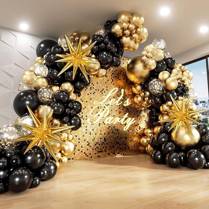 Black and Gold Balloons Garland Arch Kit, 5 10 12 18inch Black Gold Confetti Latex Balloons for 2025 Graduation New Year Anniversary Birthday Party Decorations