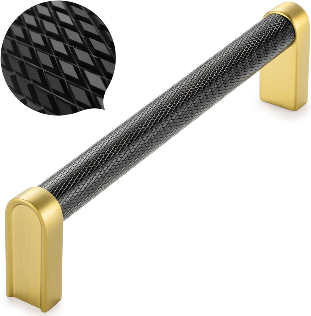 Black and Gold Cabinet Pulls, 5-Pack Knurled Cabinet Handles, 5 Inch Screw Spacing, P28 Hardware for Kitchen Cupboard Door, Bedroom Dresser Drawer, Bathroom Furniture