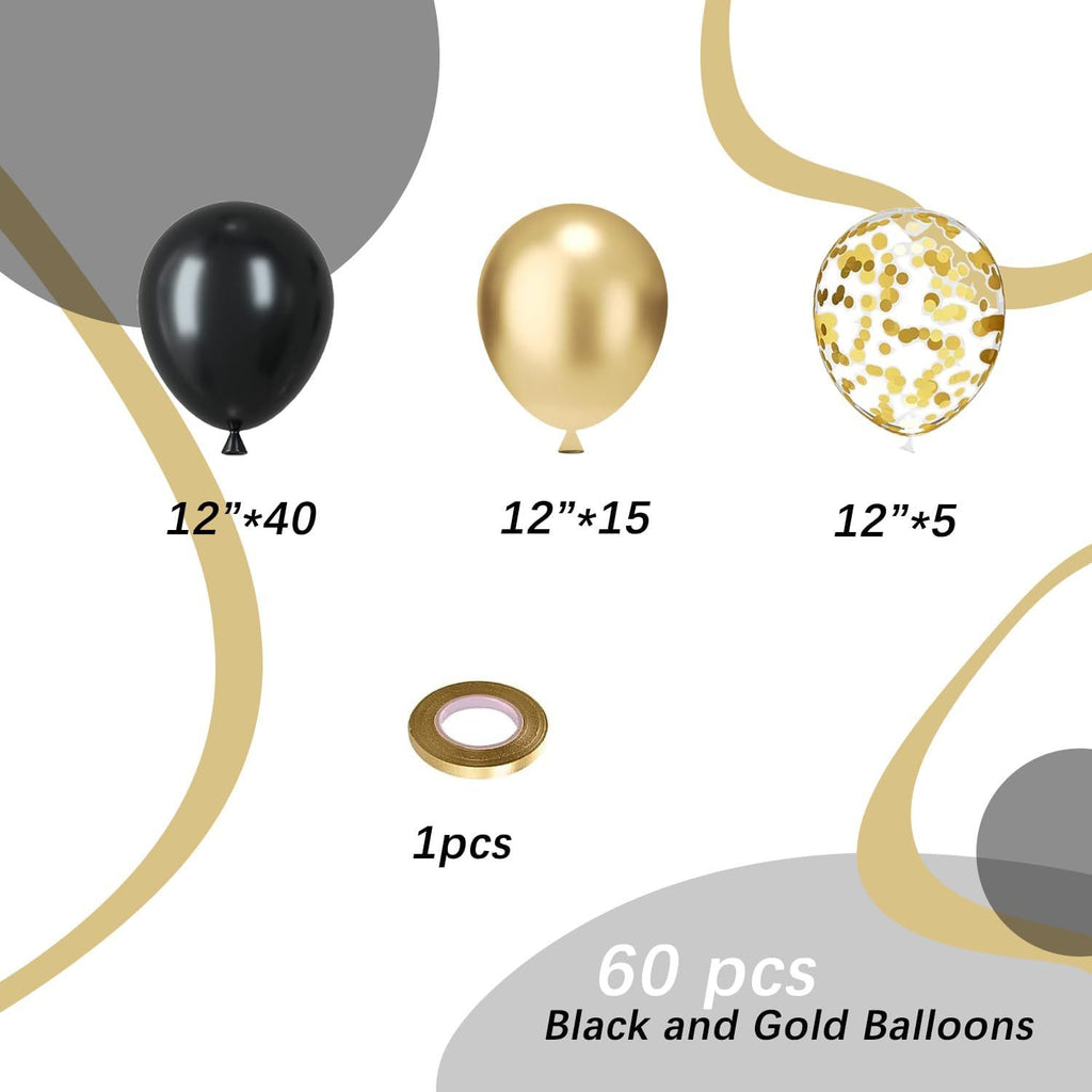 Black and gold Confetti Balloons, 60pcs 12 Inches Gold and Black Party Balloons with 1 Ribbon for Graduation Birthday Baby Shower Wedding Party Decorations